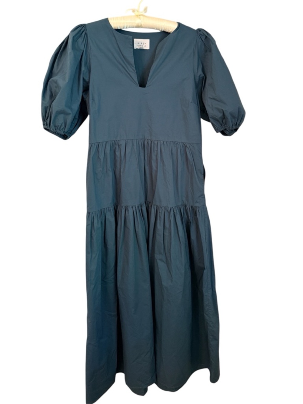 Bird & Knoll Cotton Midi Dress Teal Puff Sleeve Tiered Pockets M